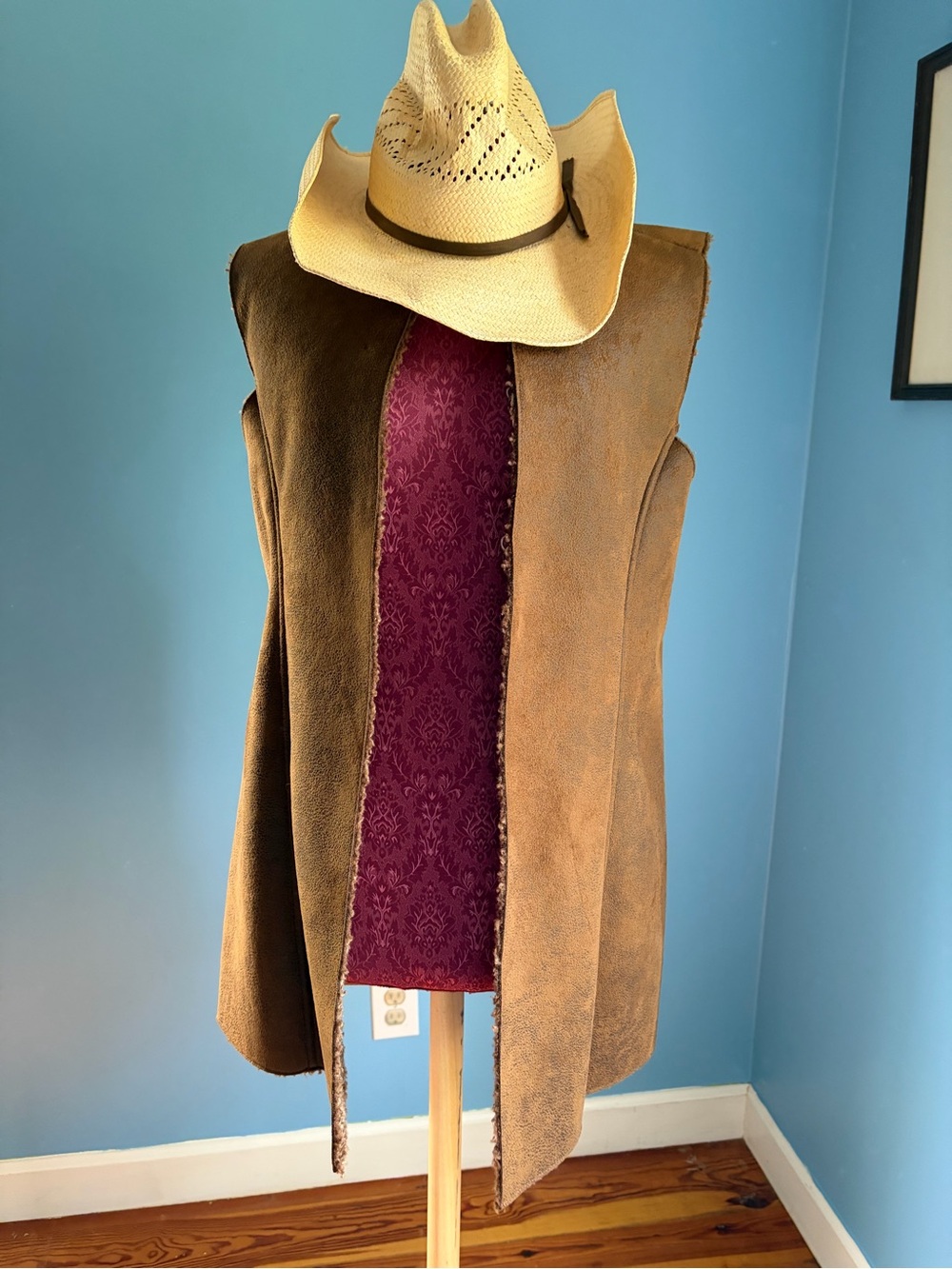 Faux leather shearling long vest